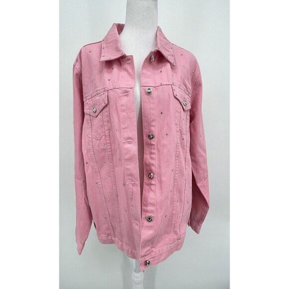 Quacker Factory Womens Denim Jacket Size L Pink Button Up Rhinestone Bling Y2K - Picture 1 of 16